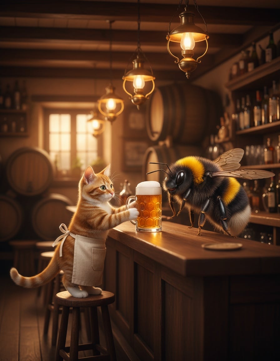 Pixa the bartender serves a foaming mug of beer to a giant friendly bee at a pub counter.