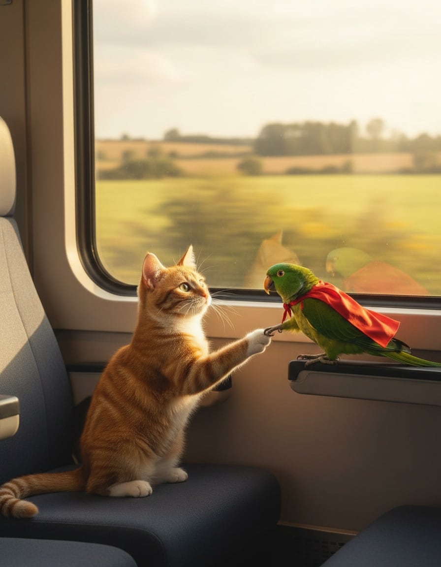 A ginger tabby cat shakes wings with a caped parrot on a train seat.