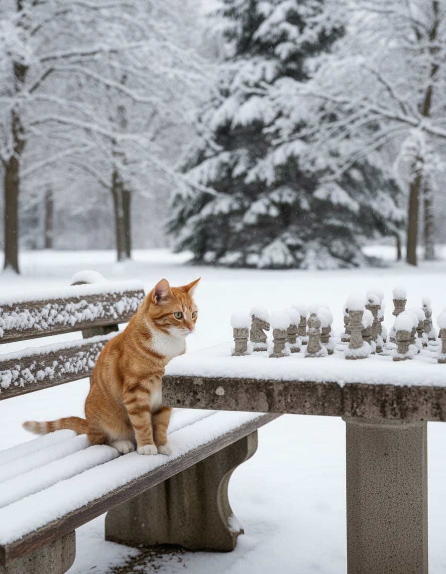 A ginger tabby cat looks at a snow-covered chess game on a park table in winter.
