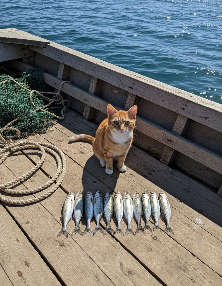 Pixa sits on a boat deck next to a neat row of ten silver fish.