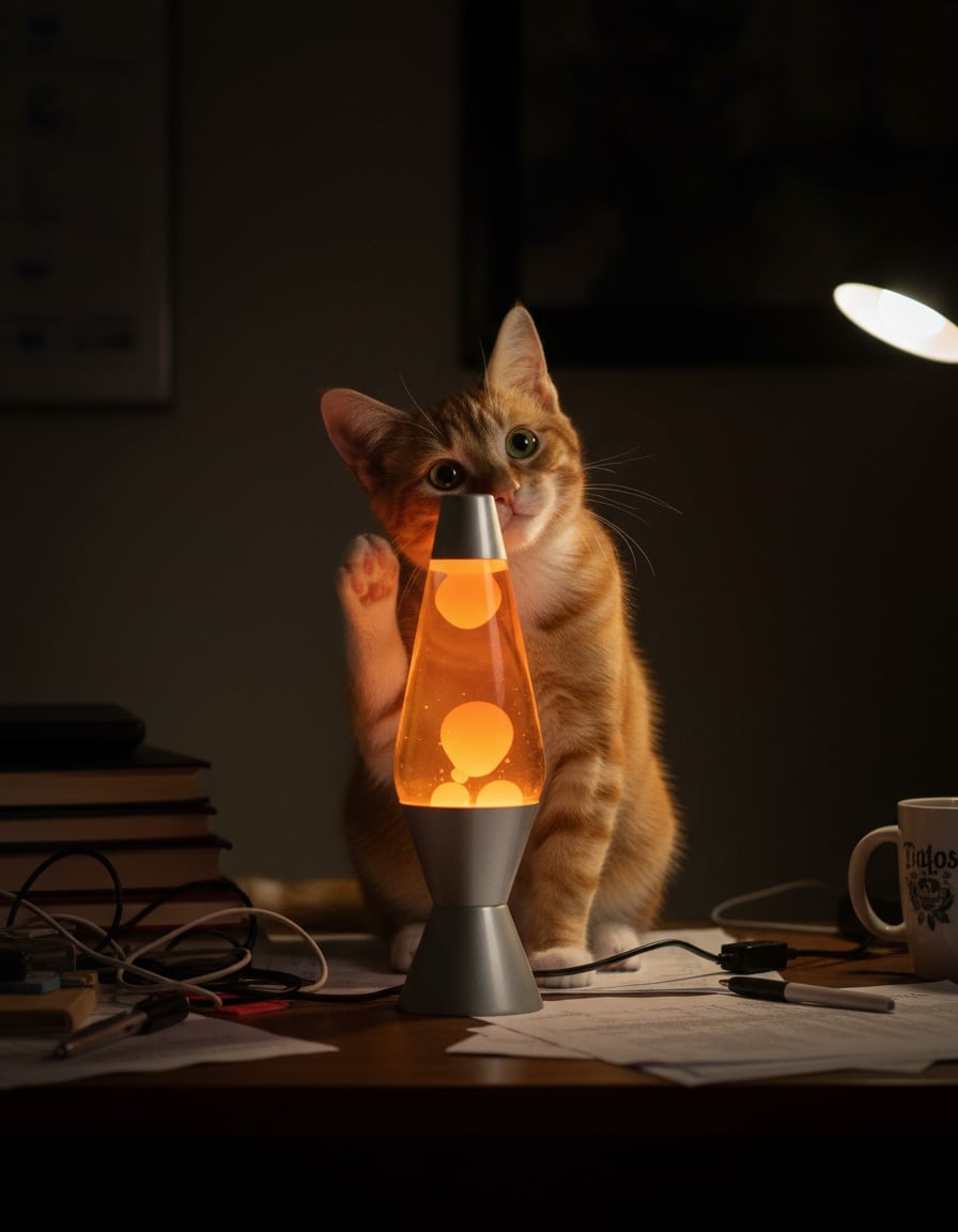 A puzzled ginger cat tilts her head at a bubbling orange lava lamp on a dark office desk.