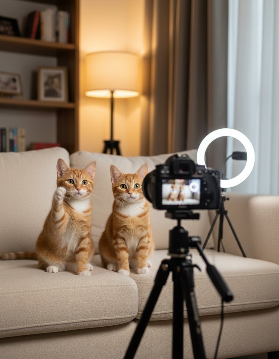 Two identical ginger tabby cats sit side by side on a sofa, waving at a video camera.