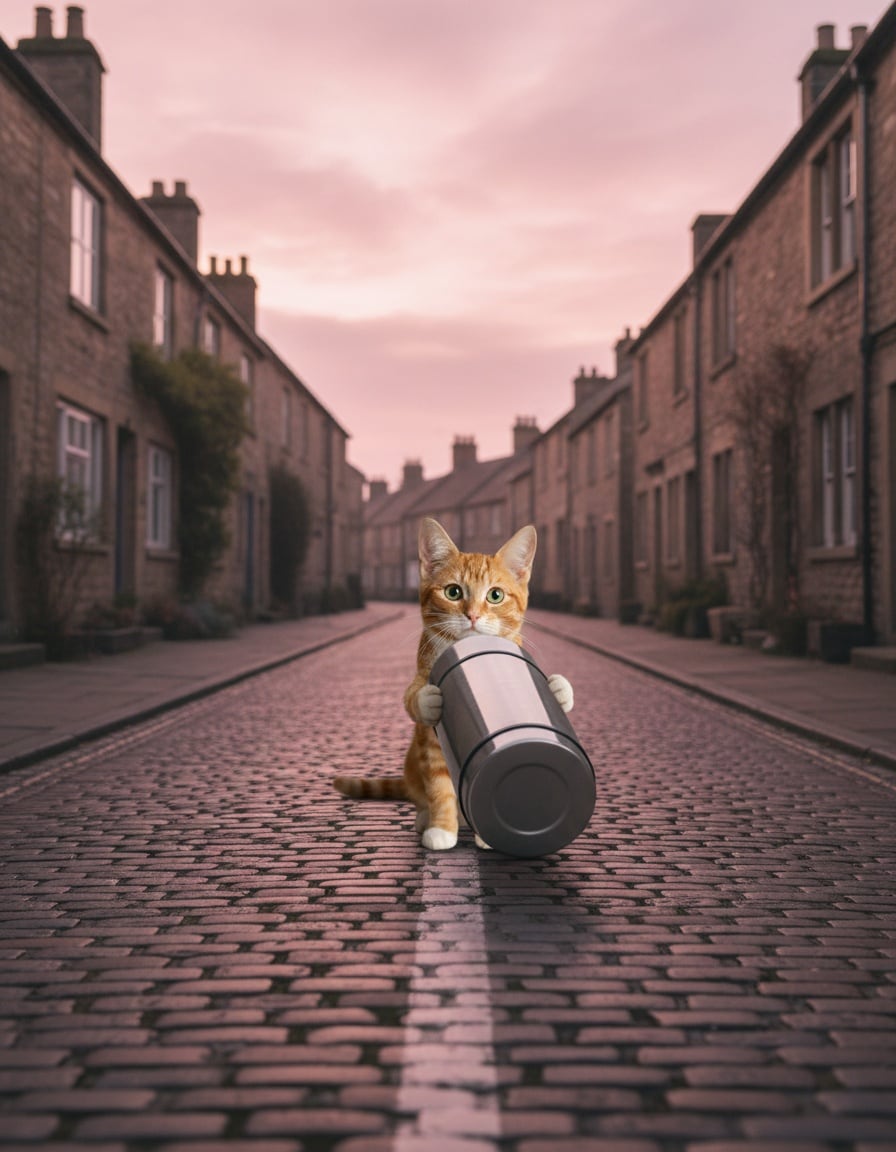 Pixa pushes a huge silver thermos down the middle of an empty cobblestone street at dawn.