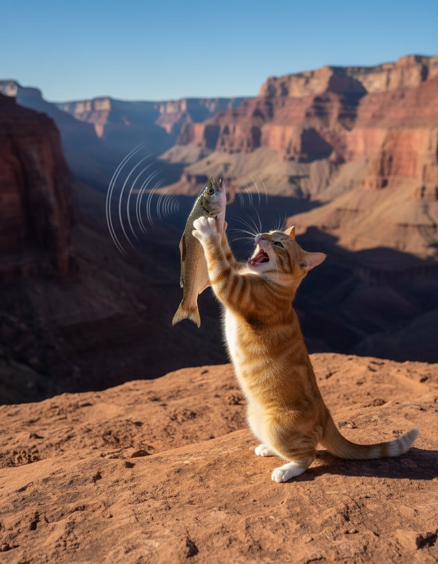 Pixa holds up a fish and shouts across a huge rocky canyon as her voice echoes back.