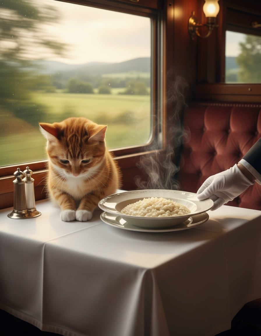 A ginger tabby cat in a train dining car thanks a waiter for a plate of risotto.