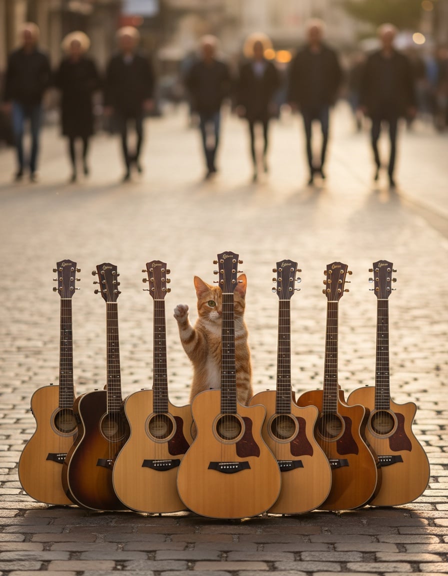 A ginger tabby cat strums a row of seven acoustic guitars on a sunny cobblestone street.