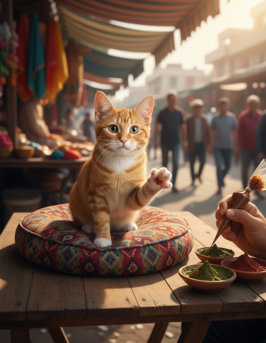 A ginger tabby cat at a market stall holds up one white paw decorated with a single henna heart.