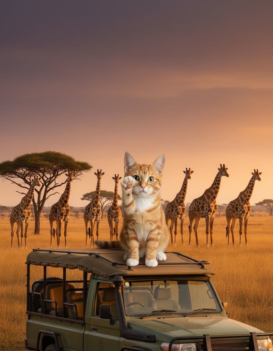 Pixa stands on a safari jeep roof counting a row of nine giraffes on the African savanna.