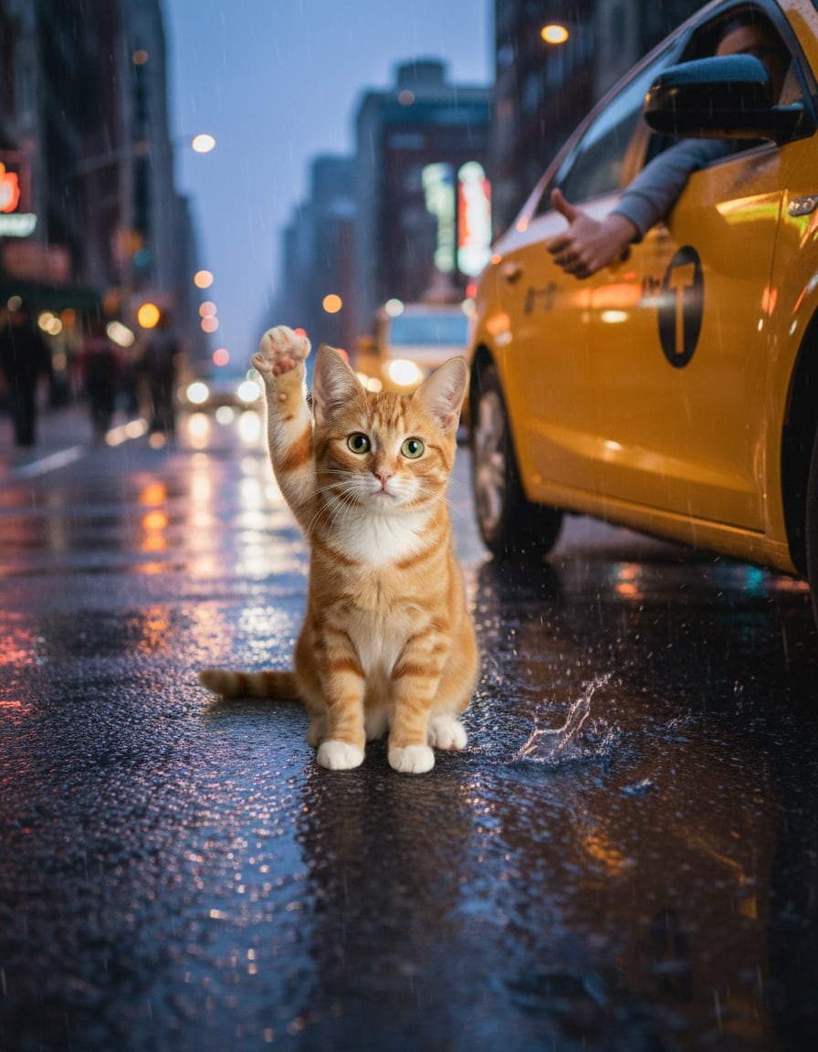 A ginger cat hails a yellow taxi on a rainy evening street while the driver gives a thumbs-up.