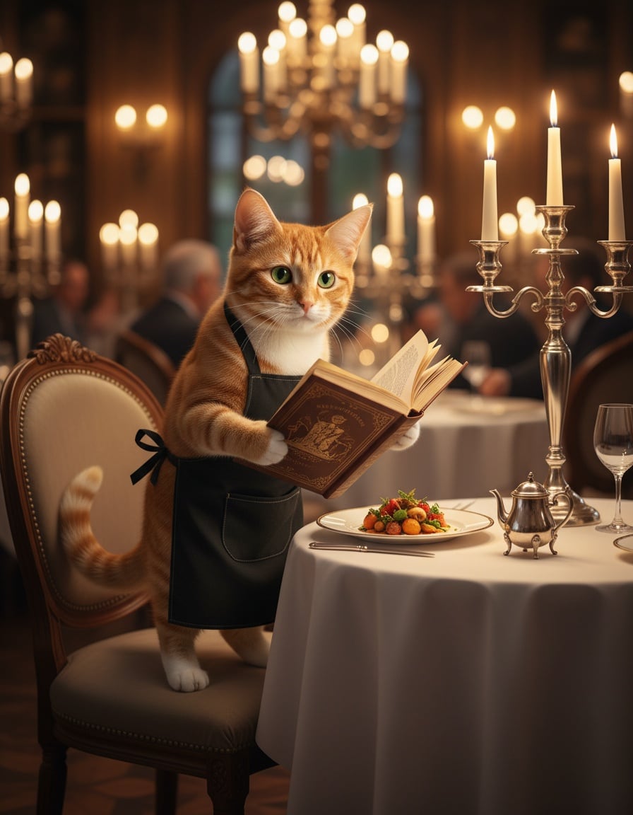 A ginger tabby cat waiter serves food and tea while reading a storybook in a restaurant.