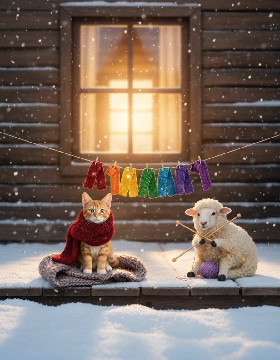 A ginger tabby cat and a knitting sheep sit on a snowy porch beside seven colourful scarves.