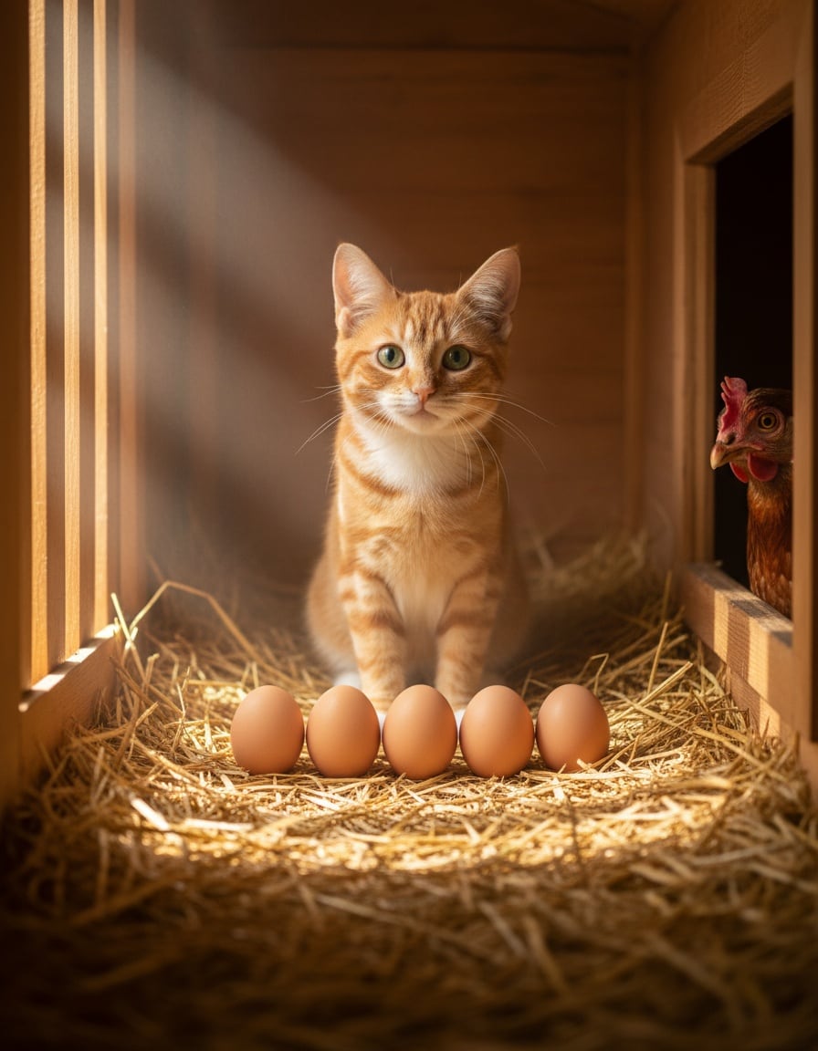 A ginger cat sits in a henhouse behind a row of six brown eggs.