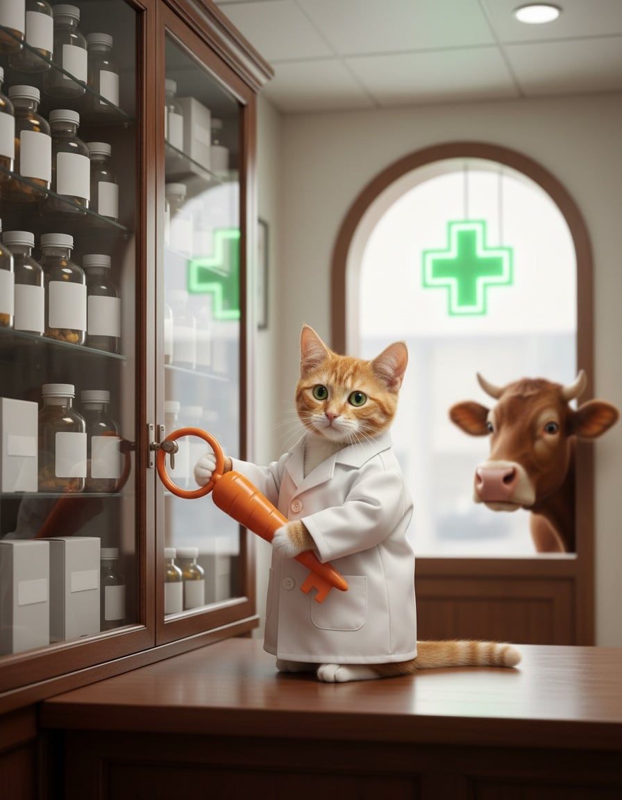 A ginger tabby cat pharmacist unlocks a medicine cabinet with a carrot-shaped key while a cow waits.