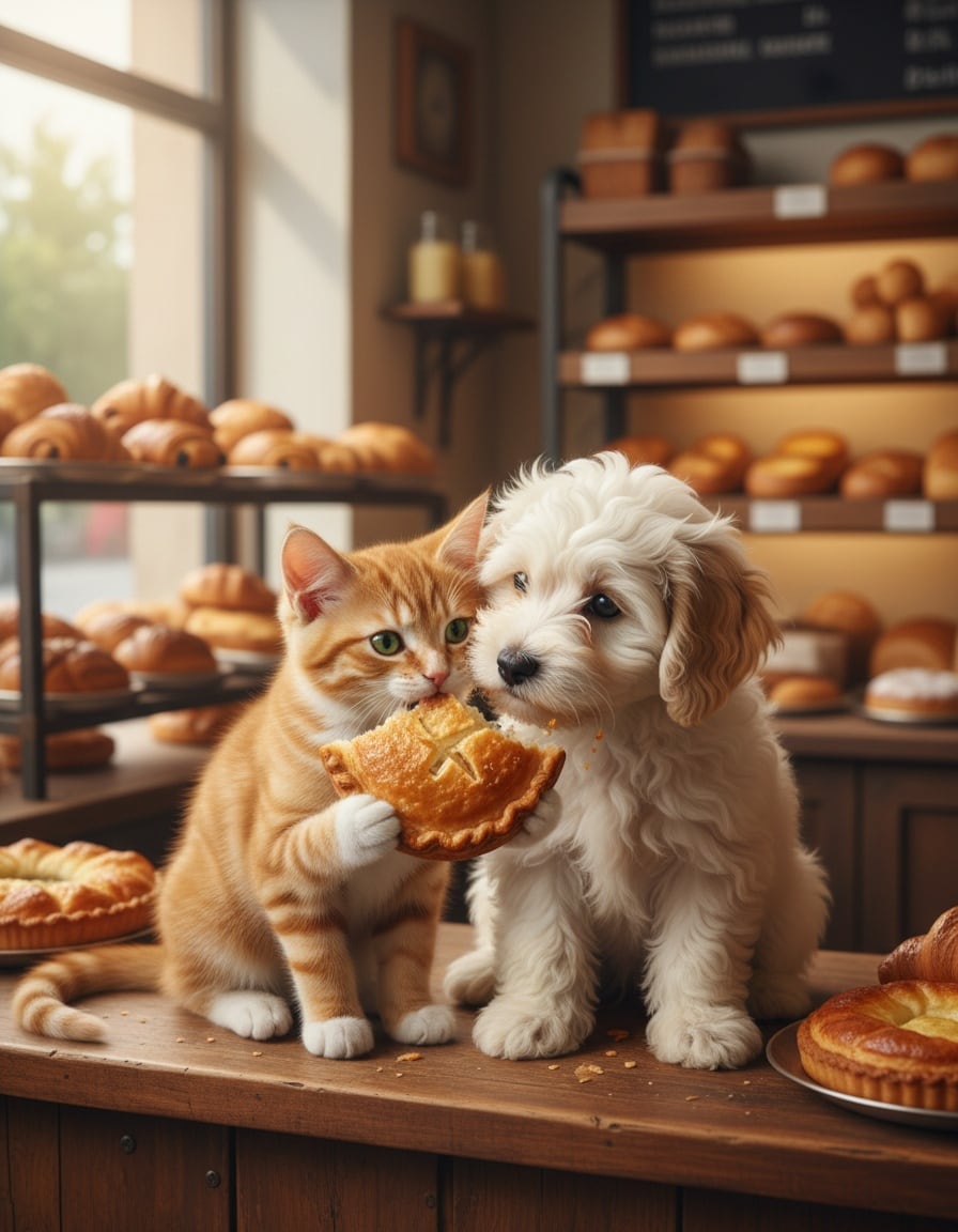 Pixa and a puppy sit together in a bakery, sharing a flaky filo pie.