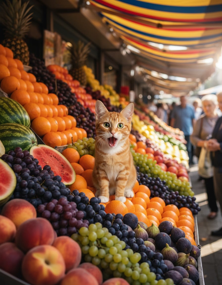 A ginger tabby cat gasps in delight on a market stall piled high with colourful fruit.