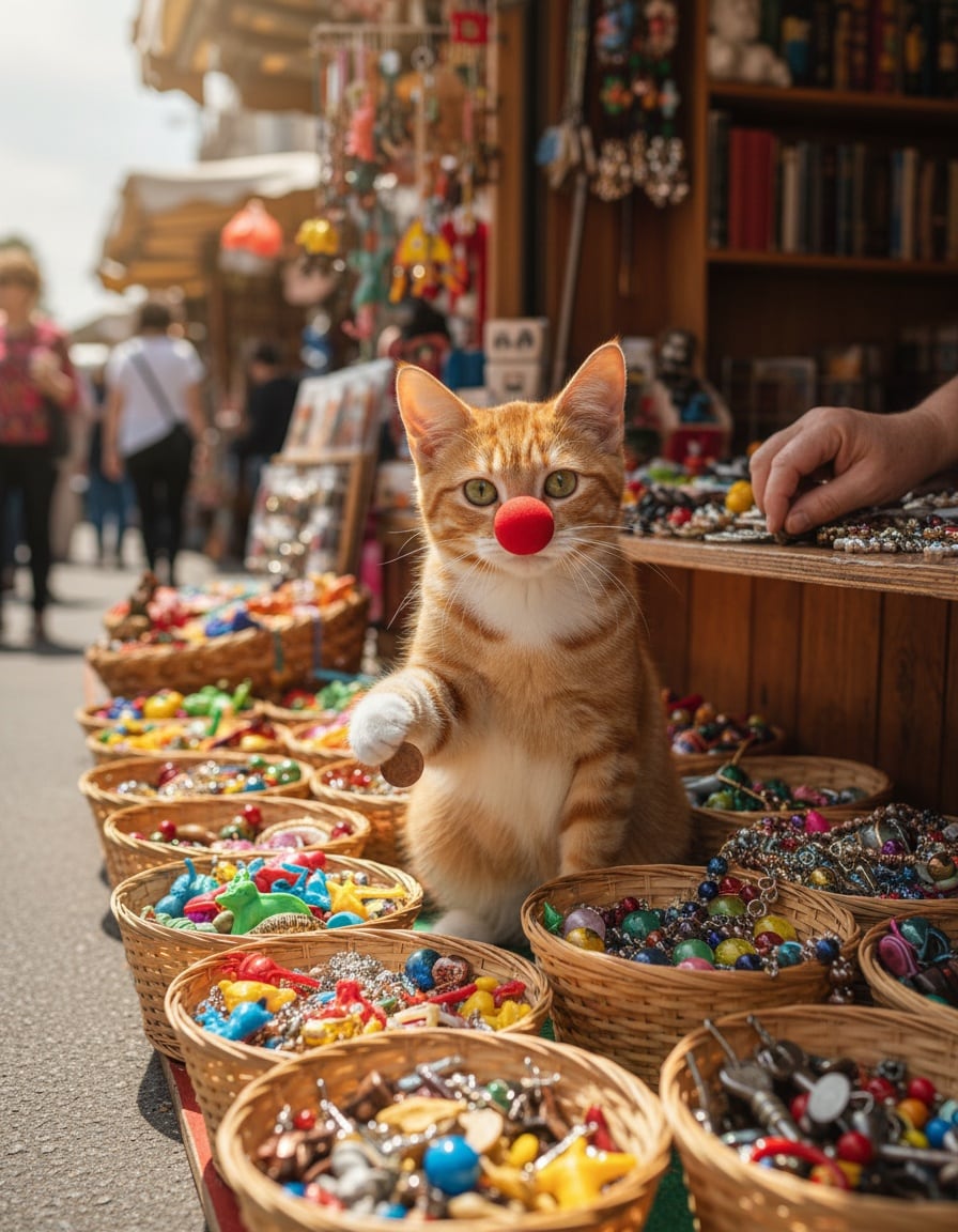A ginger cat wearing a tiny red clown nose pays one small coin at a flea market stall full of trinkets.