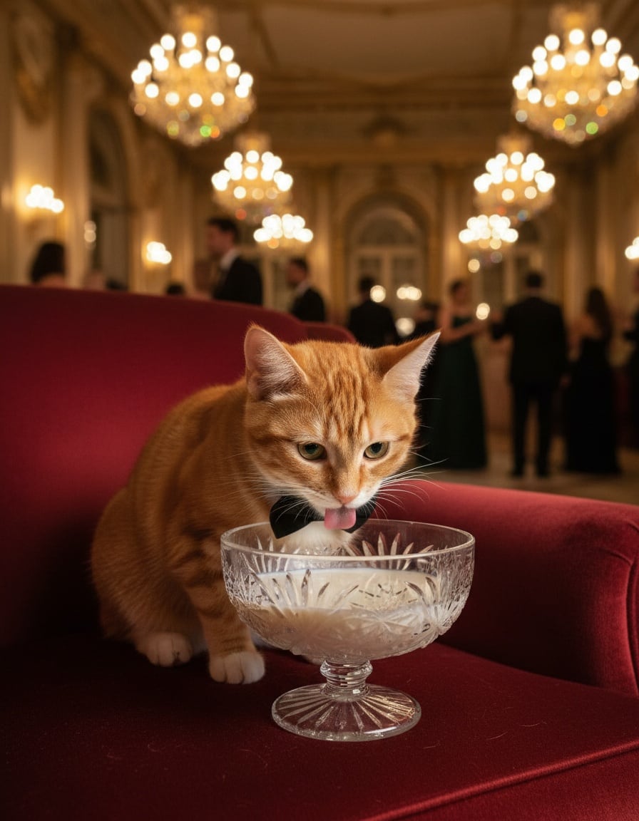 Pixa in a bow tie drinks milk from a crystal bowl at an elegant ballroom party.