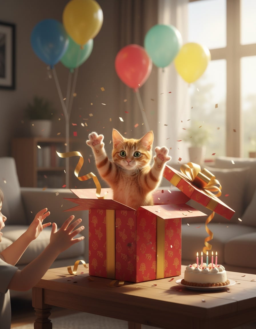 A ginger tabby cat leaps out of a big gift box while a child's hands reach toward her.