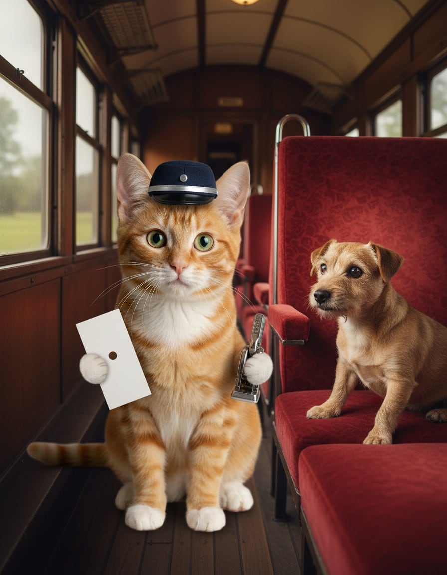 A ginger cat in a conductor's cap punches a ticket for a nervous terrier on a train.