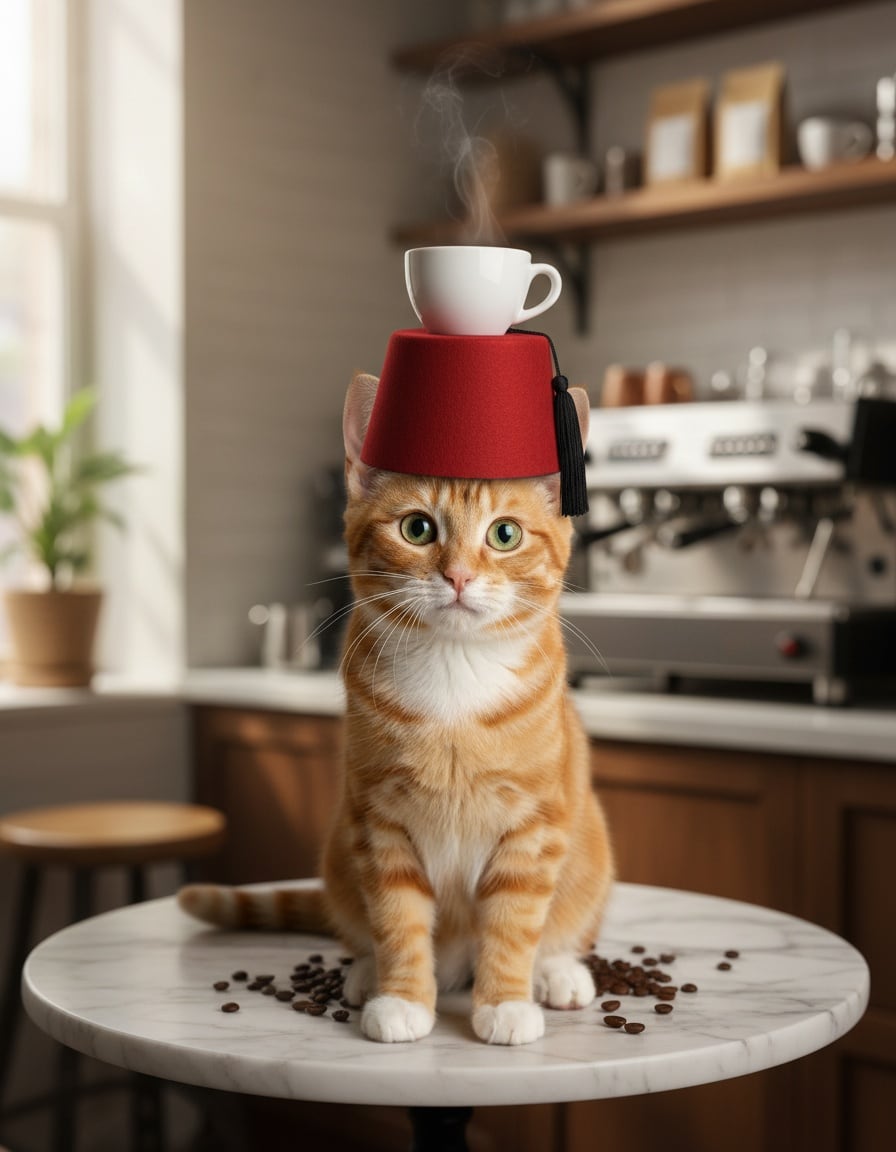A ginger tabby cat in a red fez balances a steaming coffee cup on top of the hat in a café.