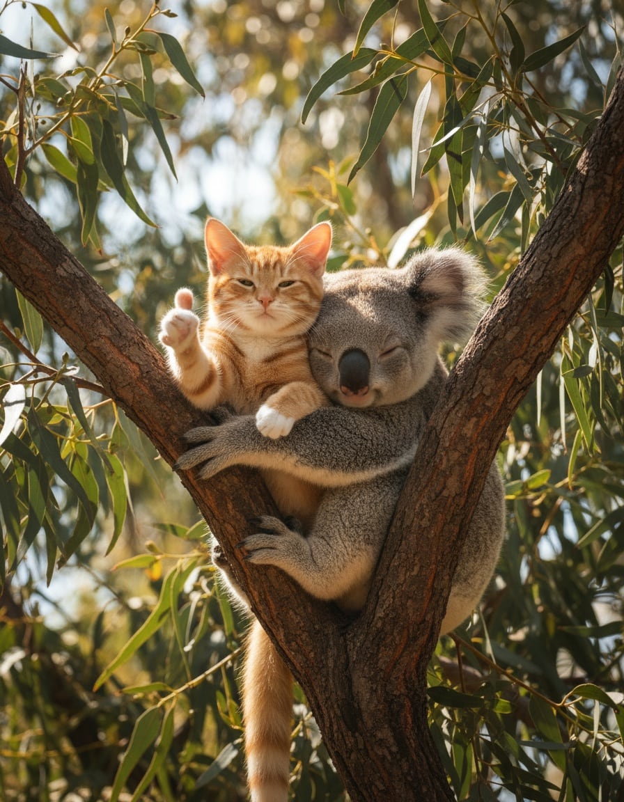 A content ginger cat relaxes on a tree branch beside a sleepy koala, paw raised in a thumbs-up.