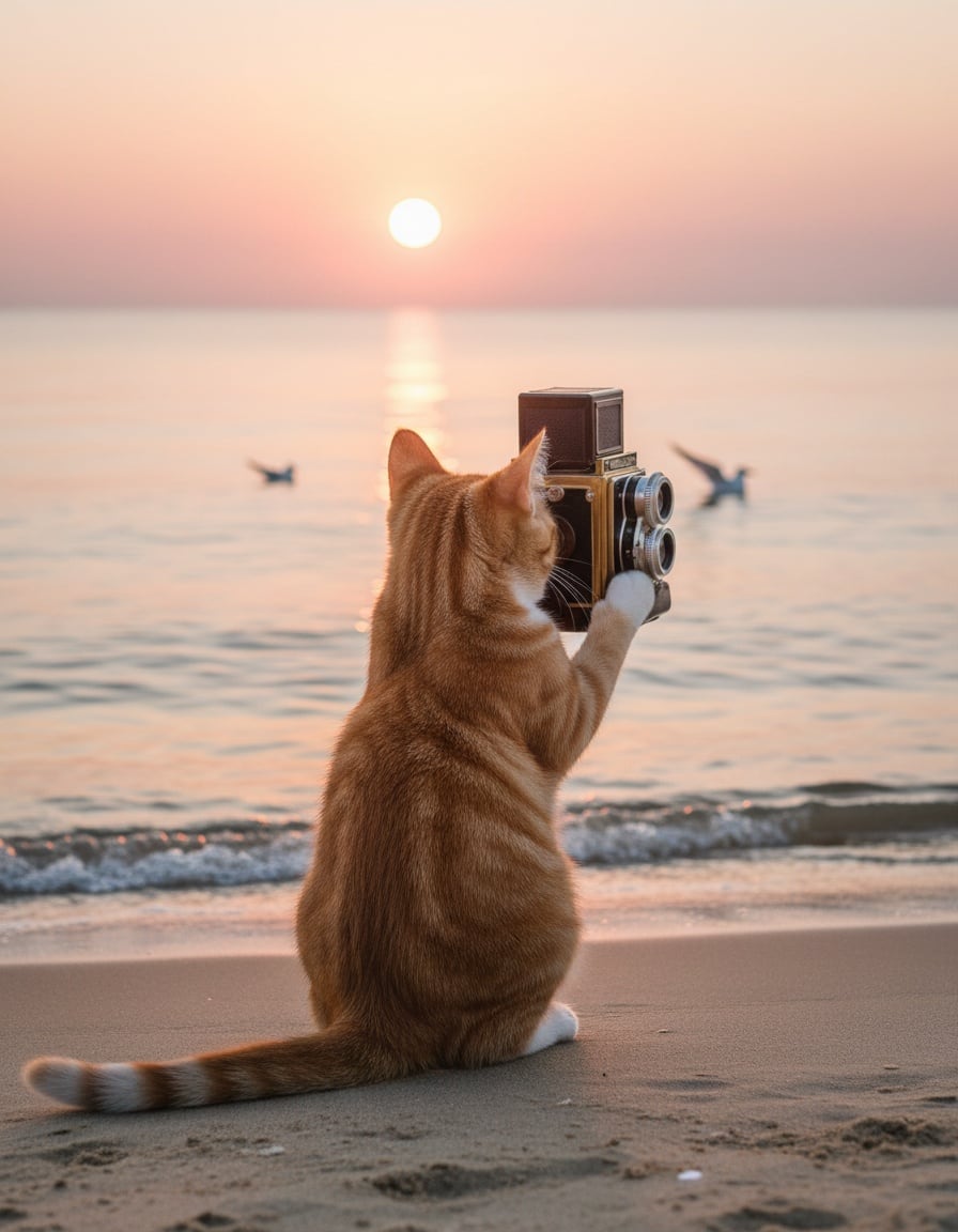 A ginger tabby cat on a beach photographs the sunrise with a big camera.