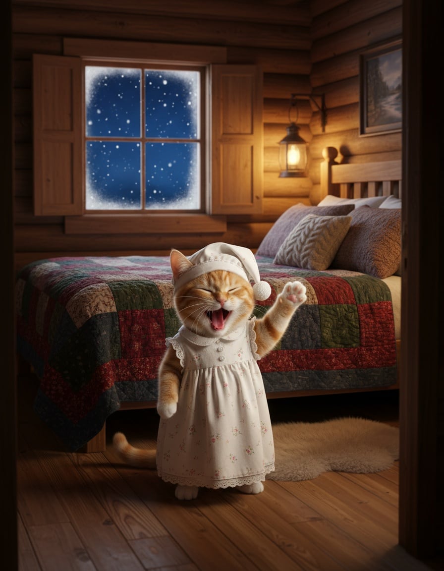 A ginger tabby cat in a flowery nightie yawns and waves good night in a snowy cabin bedroom.