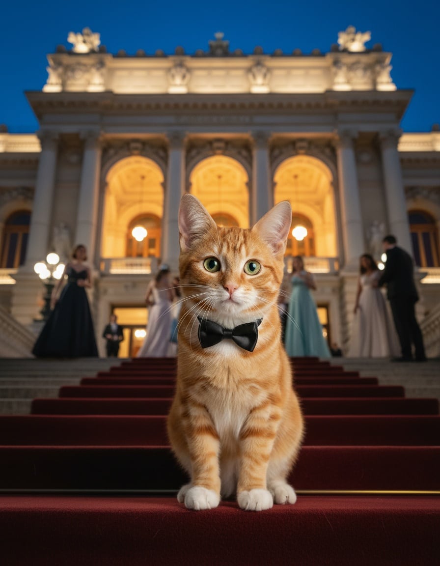 A ginger tabby cat in a bow tie greets people on the steps of an opera house in the evening.