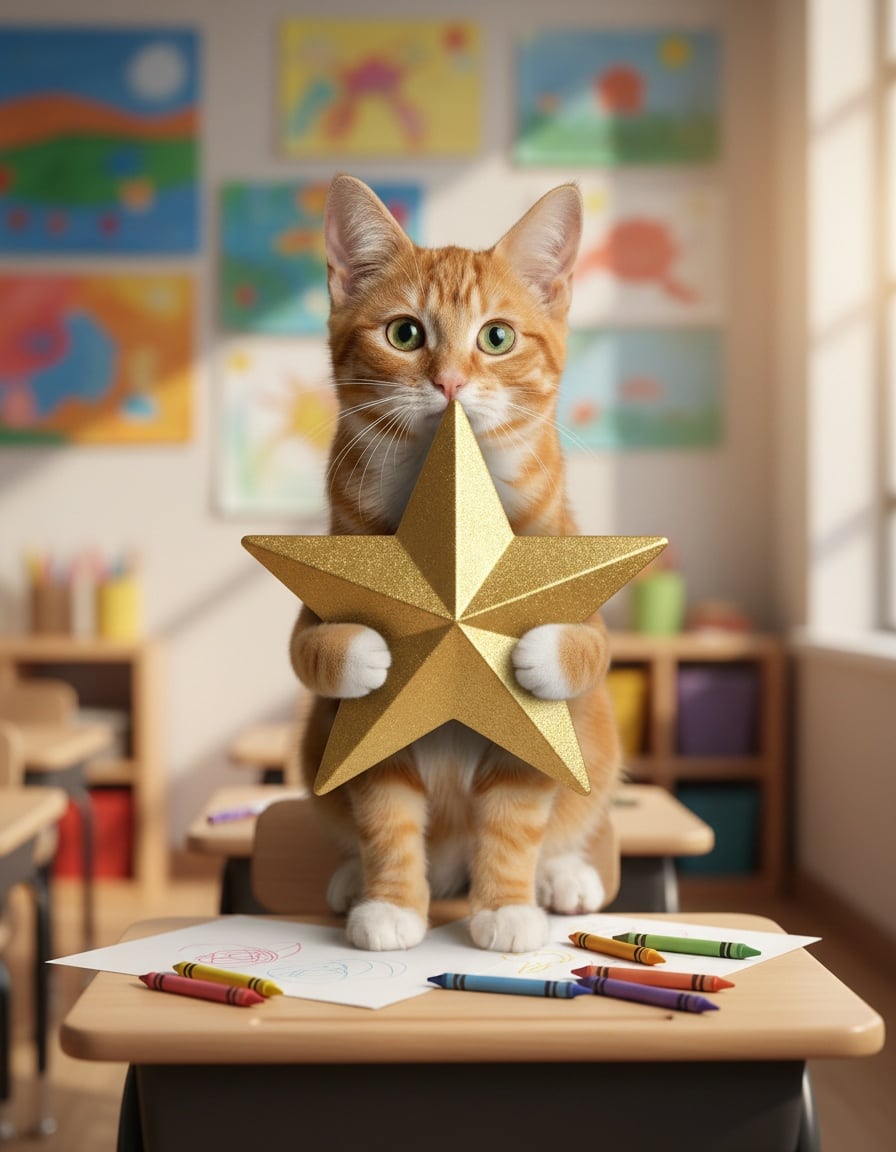 A proud ginger tabby cat holds a giant gold star at a school desk in a classroom.