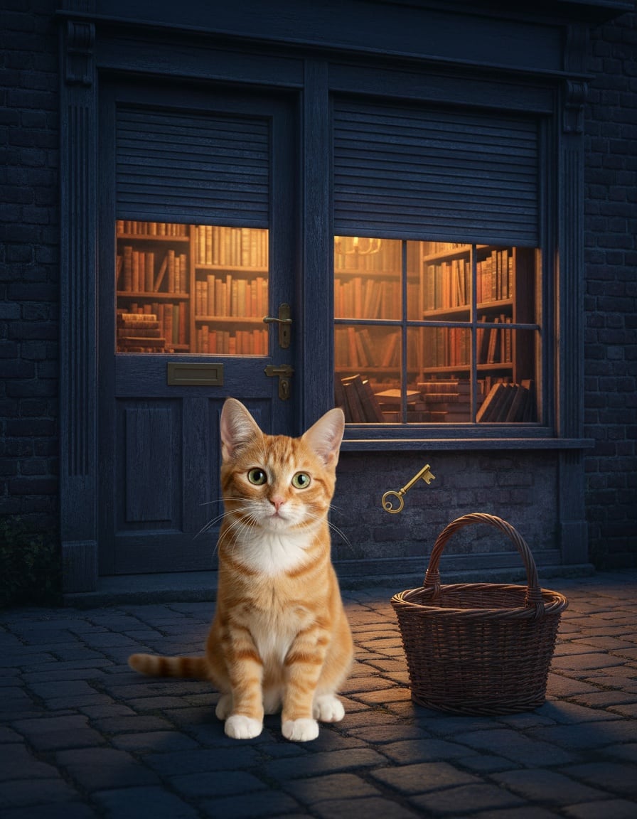 A ginger tabby cat tosses a key into a basket beside a shut, locked bookshop door.