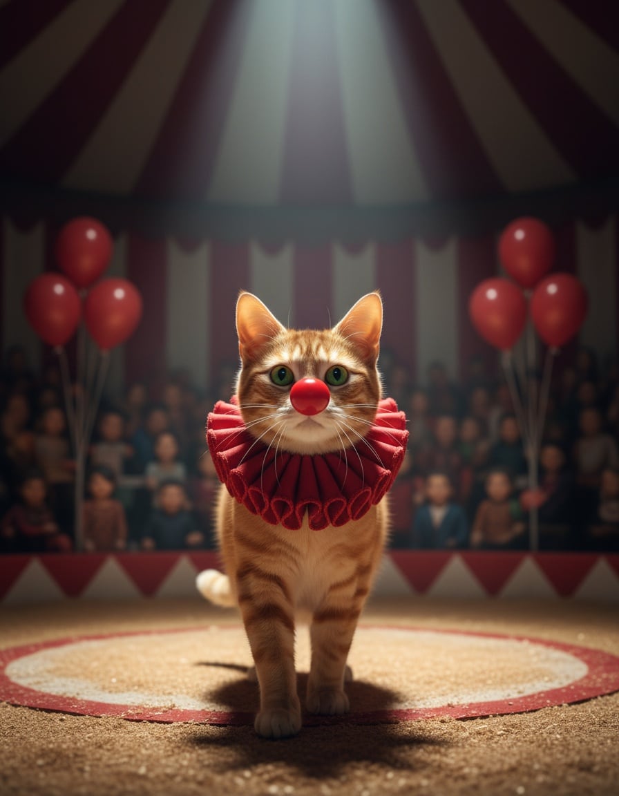 A ginger tabby cat in a shiny red clown nose struts proudly through a circus ring.