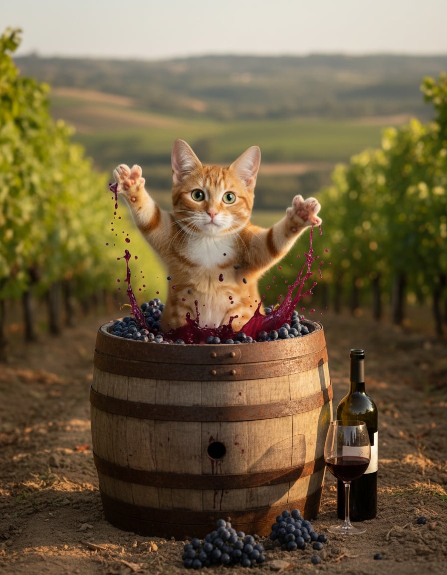 A ginger tabby cat dances in a barrel of grapes next to a bottle and glass of red wine in a vineyard.