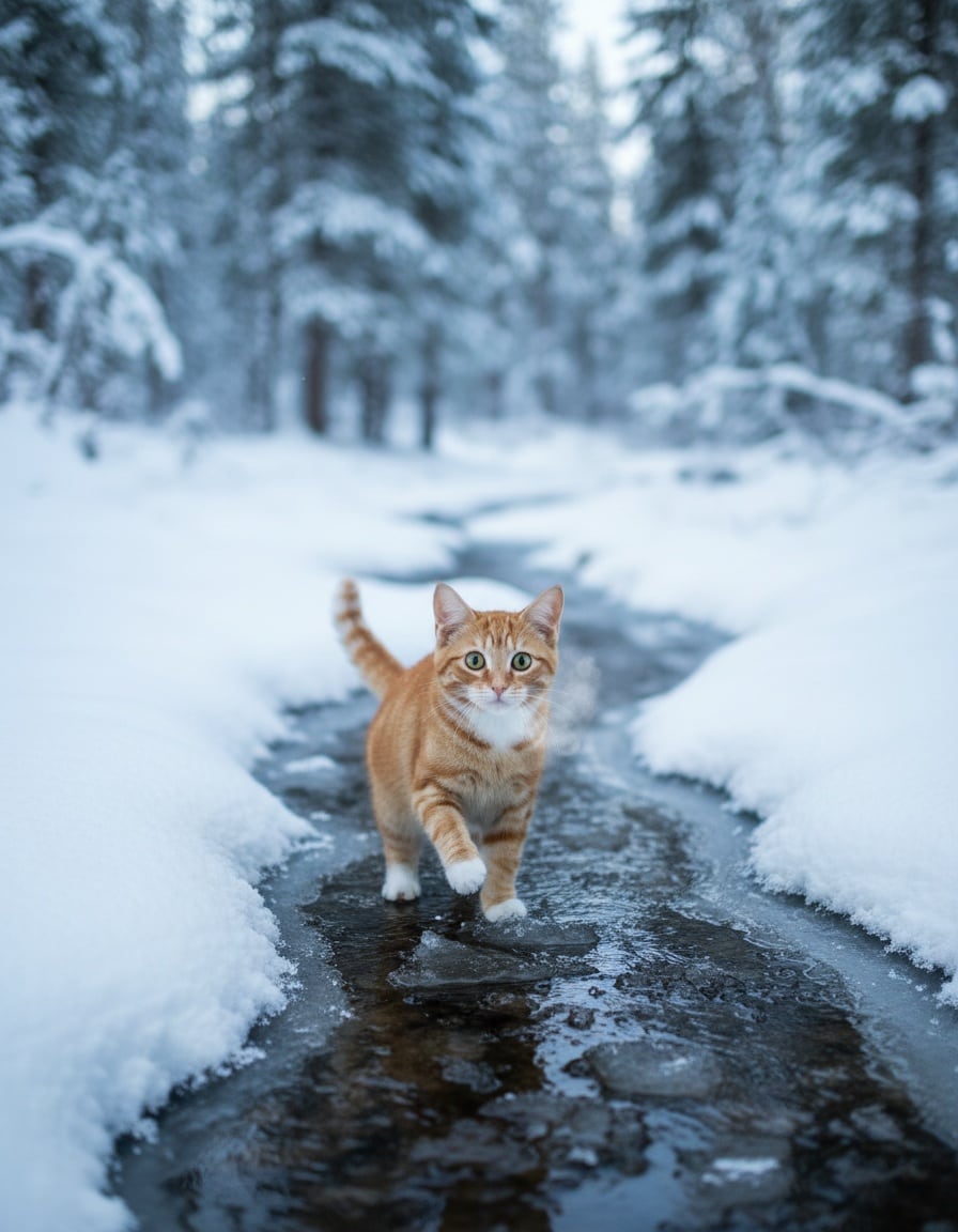 A ginger cat with puffed fur lifts its paw from an icy creek in the snow.