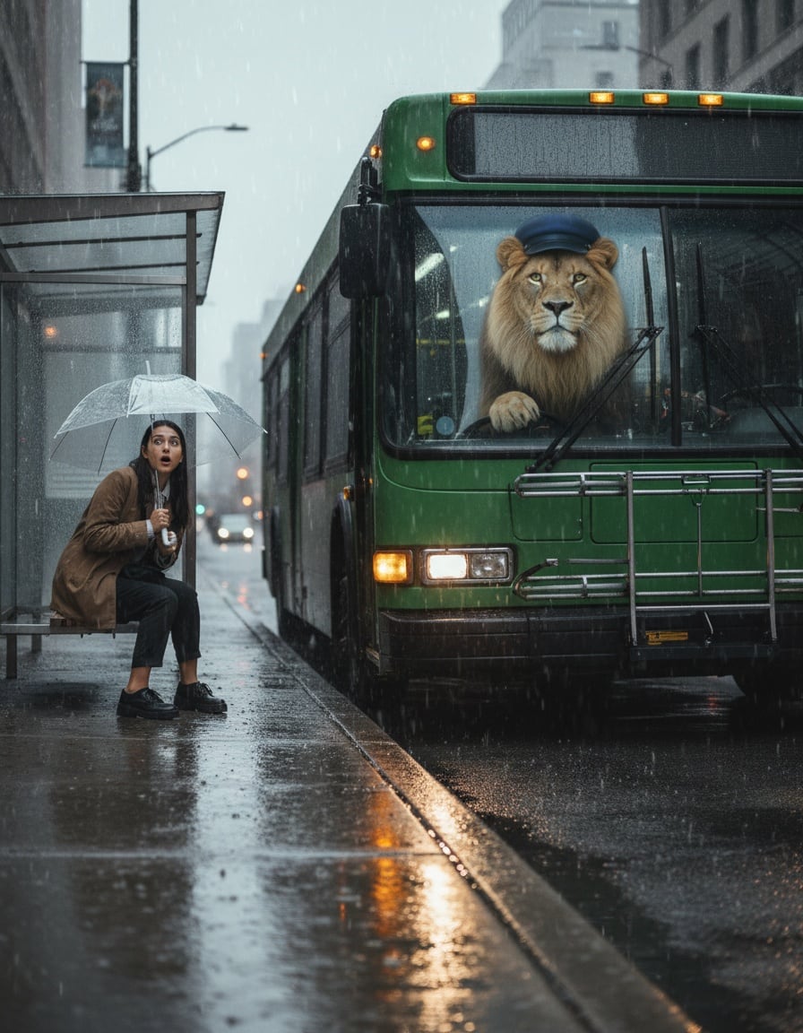Pixa at a rainy bus stop stares in surprise at a city bus driven by a lion.