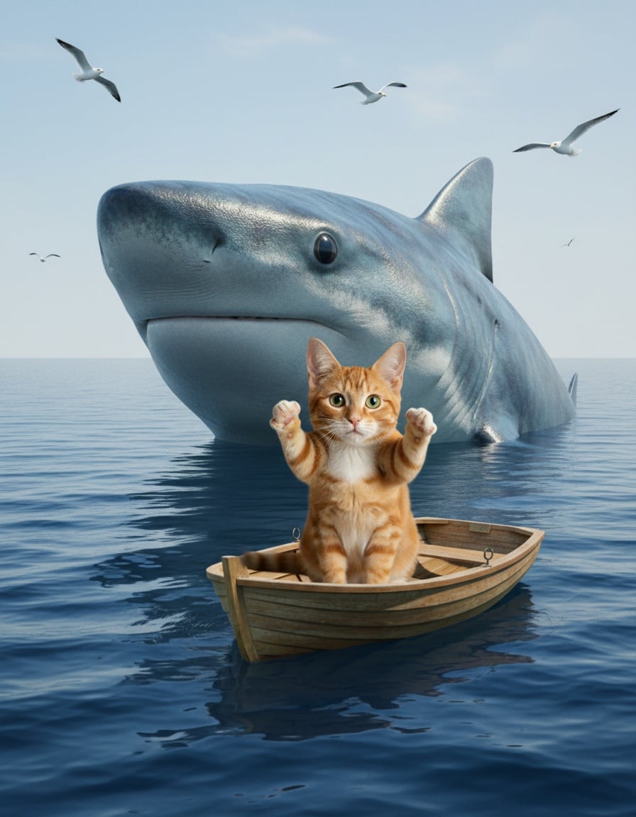 A ginger tabby cat in a small rowboat stares up at a gigantic friendly shark beside the boat.