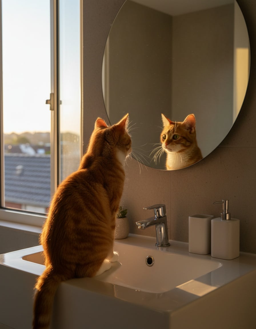 Pixa sits on a bathroom sink looking at herself in a round mirror while the sun rises outside.