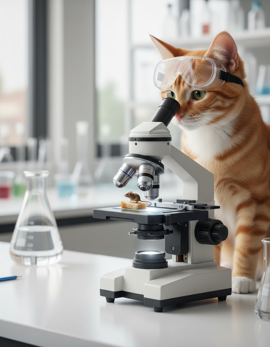 Pixa in goggles looks through a big microscope at a tiny mouse sitting on a crumb.