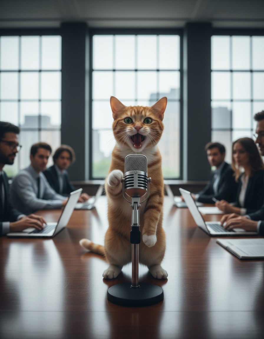 A ginger tabby cat speaks into a microphone on a meeting table in an office.