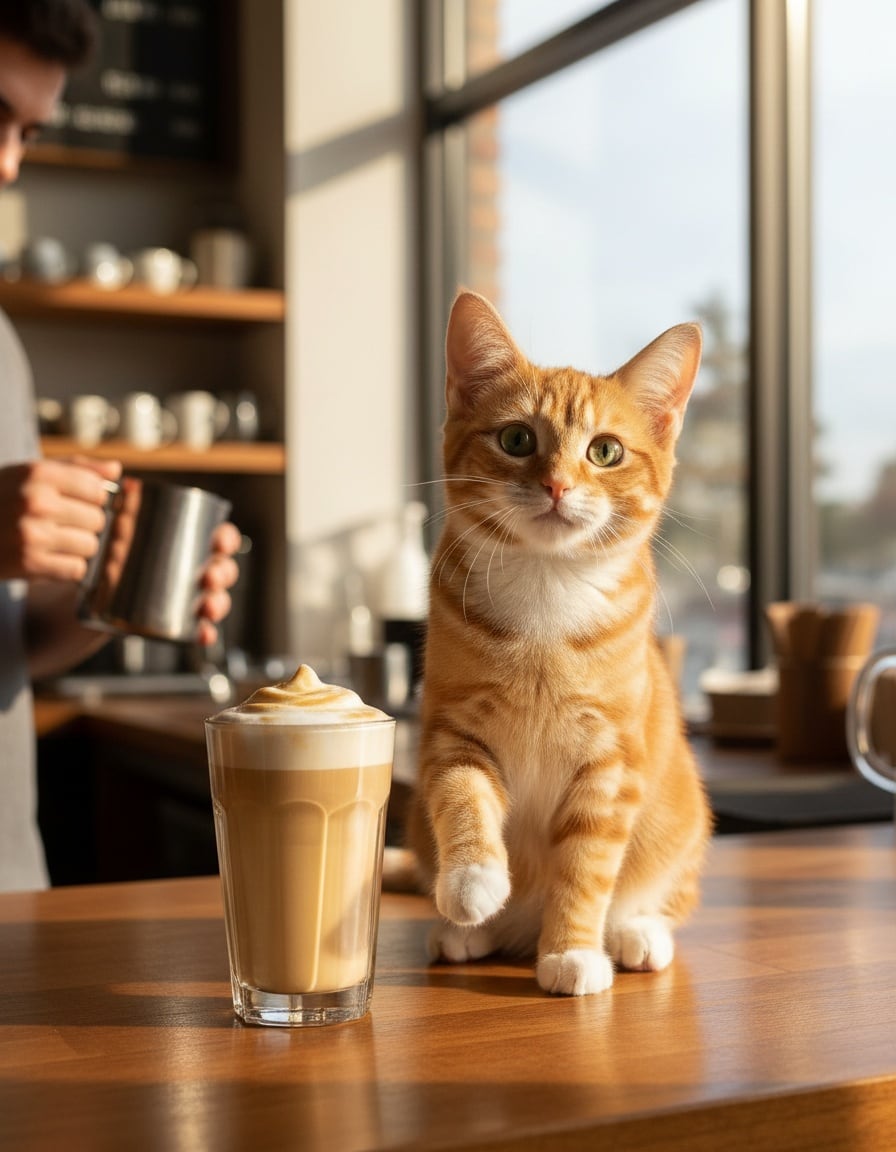 A ginger cat on a café counter points at a big latte while looking questioningly at a barista.