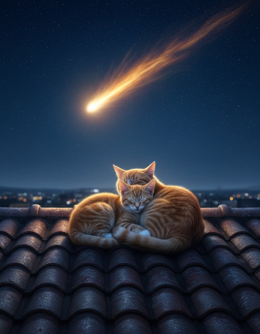 A ginger kitten snuggles with its mother cat on a rooftop while a bright meteor crosses the night sky.