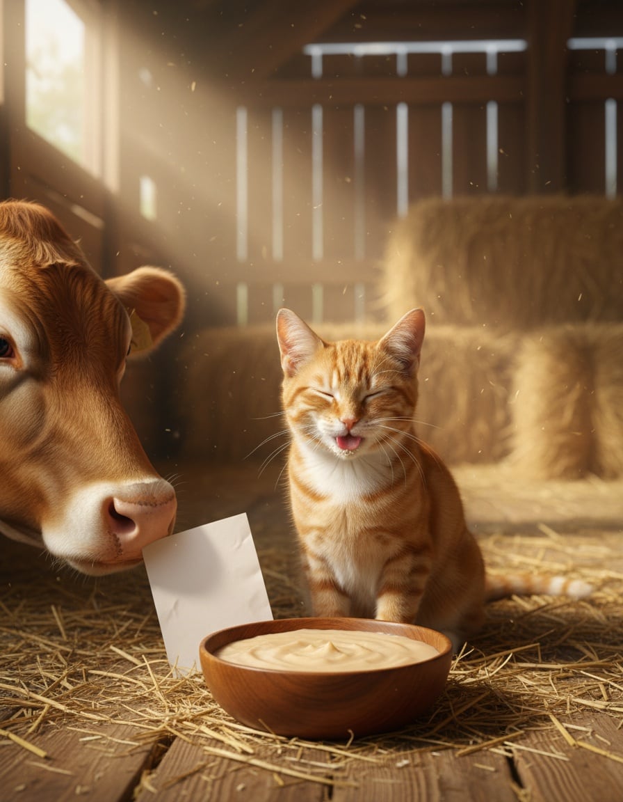 In a barn, a ginger tabby cat happily licks pudding a cow has given her.
