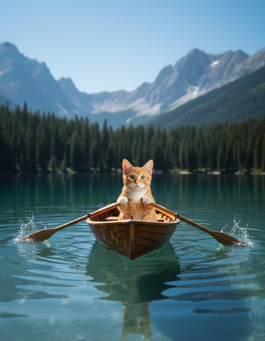 A ginger cat rows a small wooden boat across a sparkling lake, splashing water.