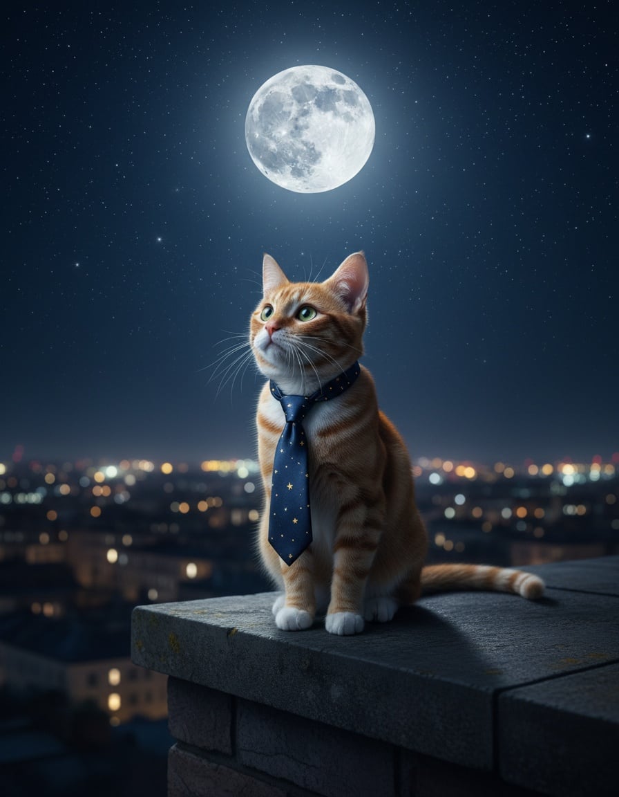 A ginger cat in a starry necktie sits on a rooftop under a full moon and a starry night sky.