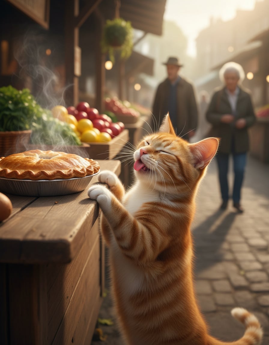 Pixa sniffs a steaming golden pie at a market stall and licks her lips happily.