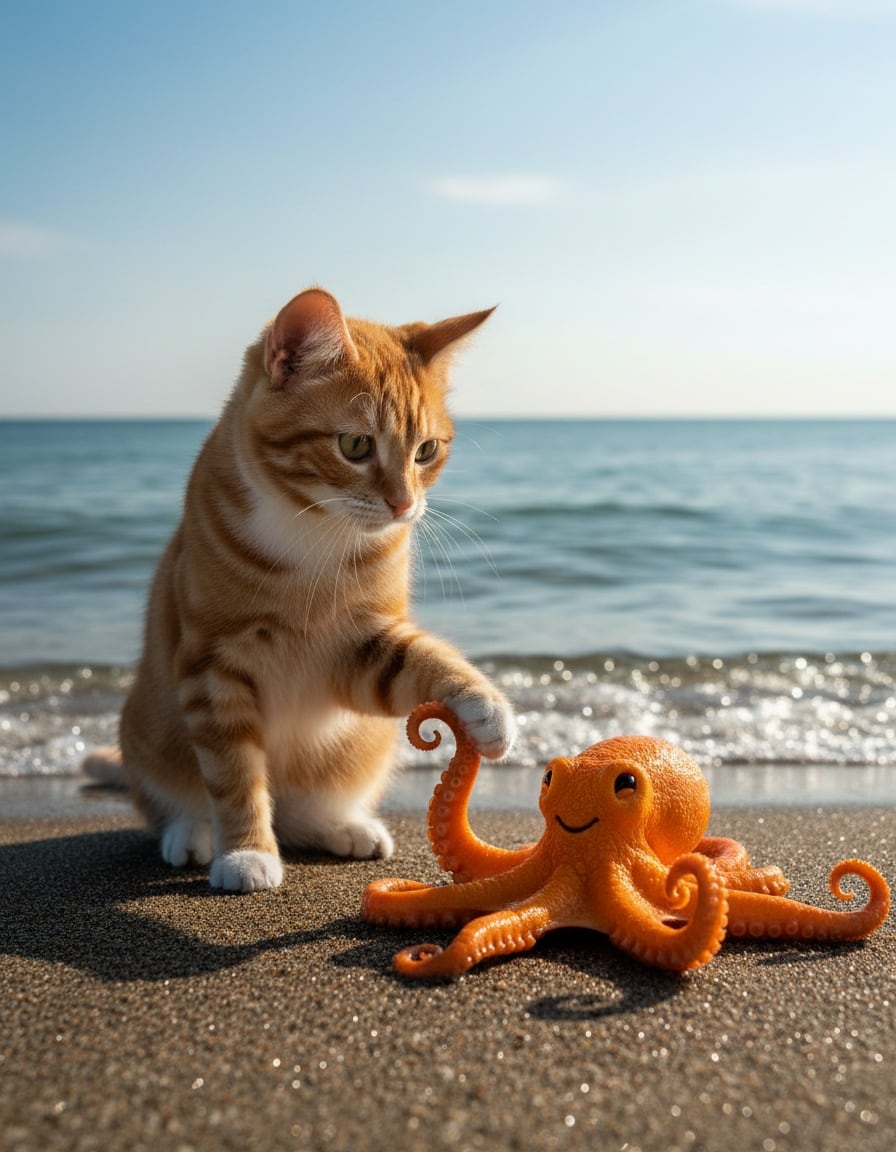 A ginger tabby cat high-fives an octopus with eight arms on a sunny beach.