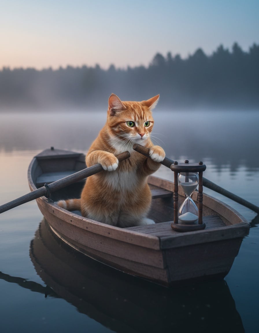 A ginger cat rows a wooden boat with an oar next to an hourglass that is almost empty.
