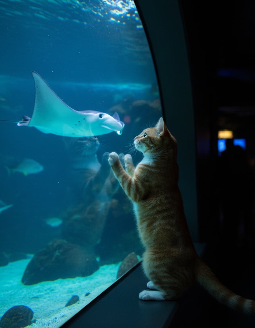A ginger tabby cat admires a beautiful manta ray through an aquarium window.