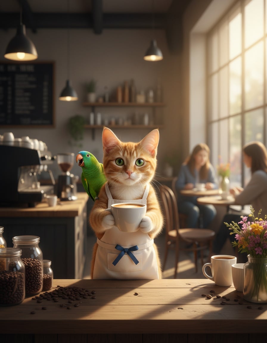 A ginger tabby cat serves coffee in a café with a green parrot squawking on her shoulder.