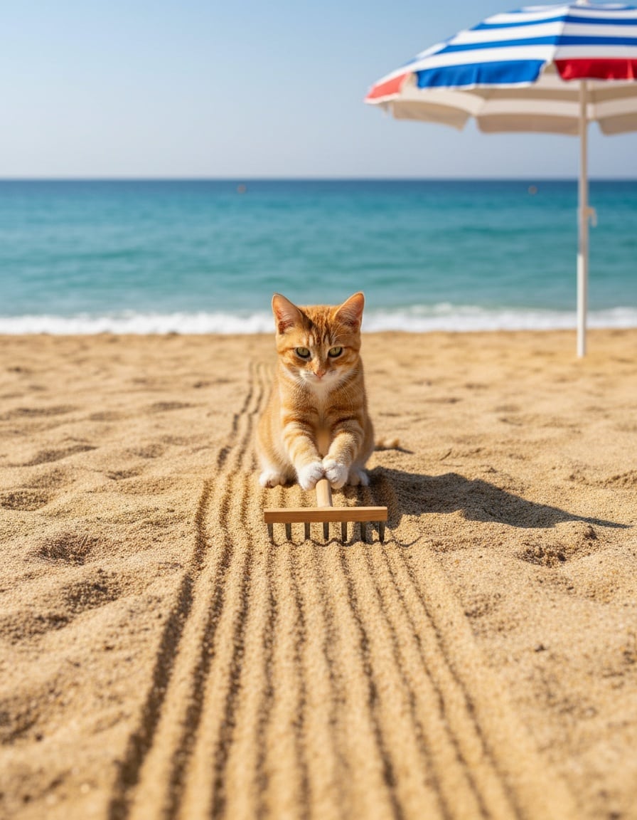 A ginger tabby cat rakes long parallel lines into the sand on a sunny beach.