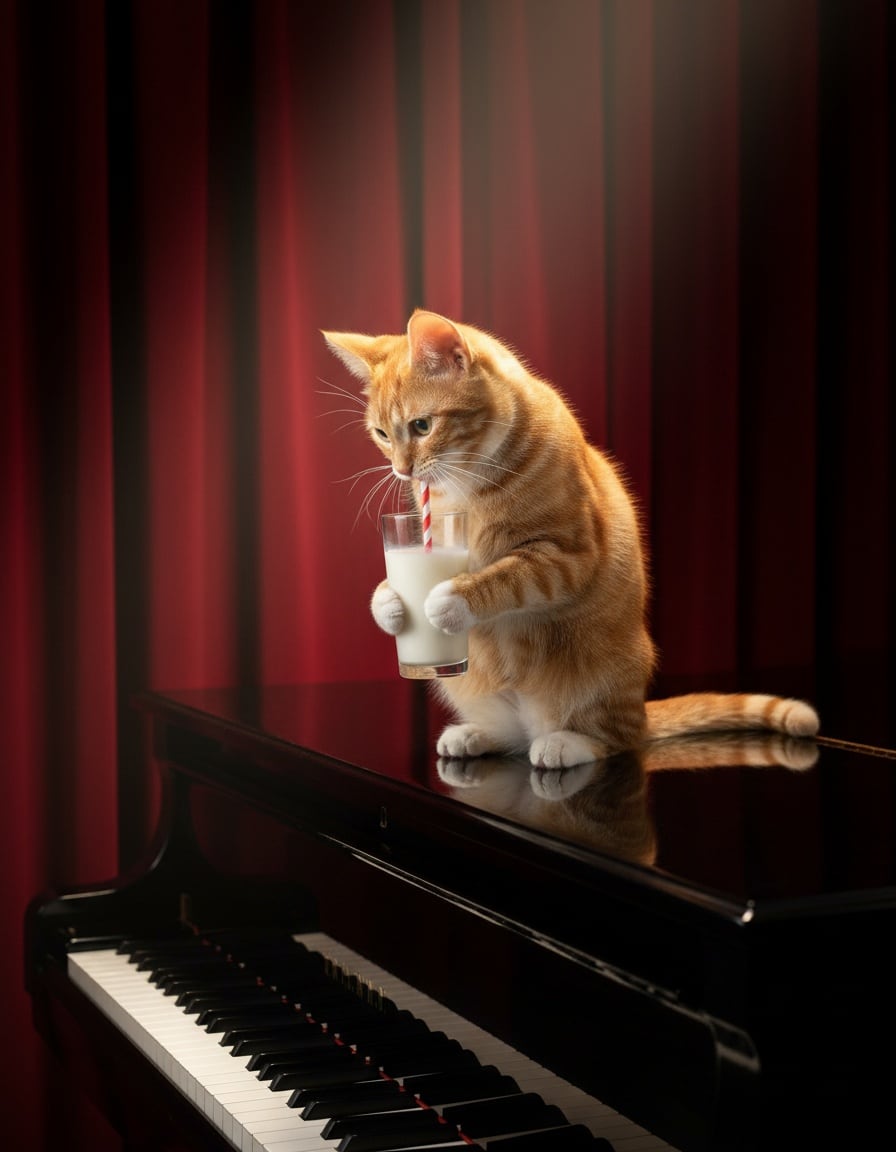 A ginger cat sits on a grand piano drinking milk through a straw.